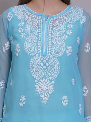 Blue georgette lucknowi chikankari kurta with slip 2