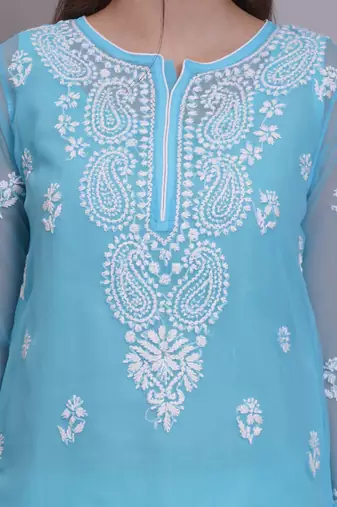 Blue georgette lucknowi chikankari kurta with slip