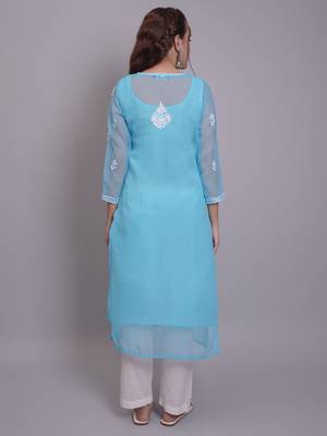 Blue georgette lucknowi chikankari kurta with slip 3