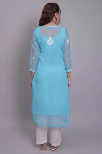 Blue georgette lucknowi chikankari kurta with slip