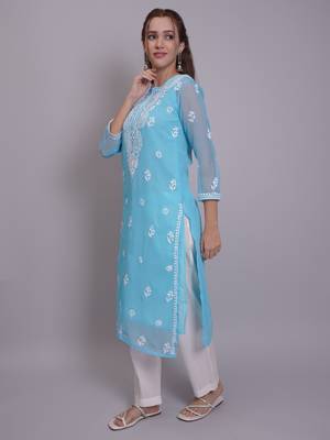 Blue georgette lucknowi chikankari kurta with slip 4