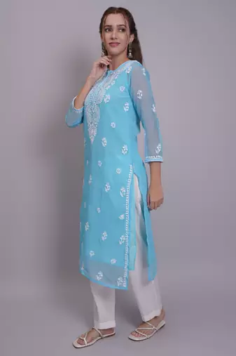 Blue georgette lucknowi chikankari kurta with slip