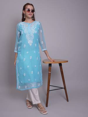 Blue georgette lucknowi chikankari kurta with slip 5