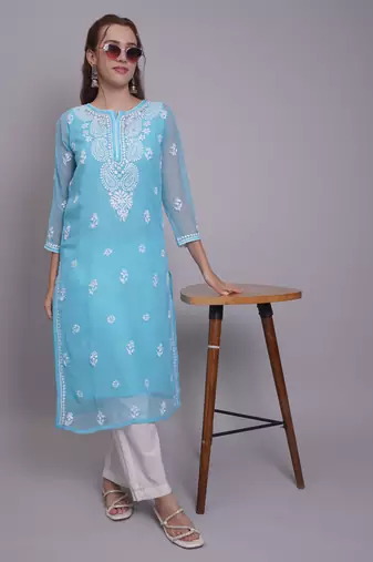 Blue georgette lucknowi chikankari kurta with slip