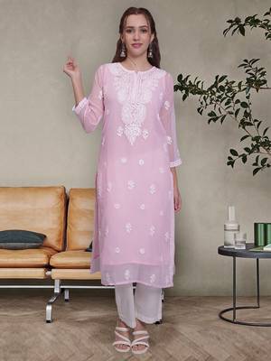 Pink georgette lucknowi chikankari kurta with slip 1