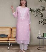 Pink georgette lucknowi chikankari kurta with slip