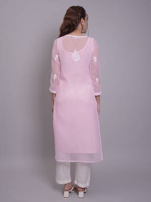 Pink georgette lucknowi chikankari kurta with slip 2