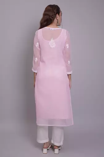 Pink georgette lucknowi chikankari kurta with slip