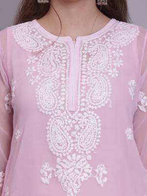 Pink georgette lucknowi chikankari kurta with slip 3