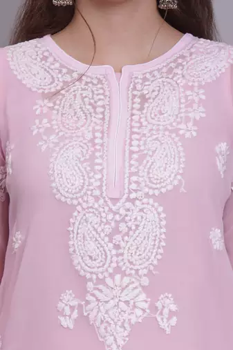 Pink georgette lucknowi chikankari kurta with slip