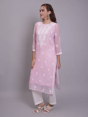 Pink georgette lucknowi chikankari kurta with slip 4