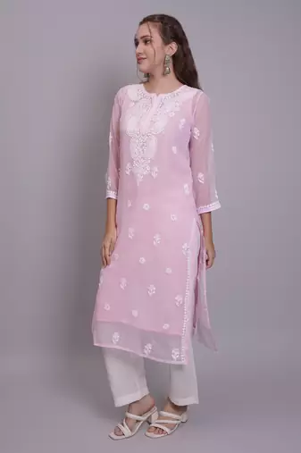 Pink georgette lucknowi chikankari kurta with slip