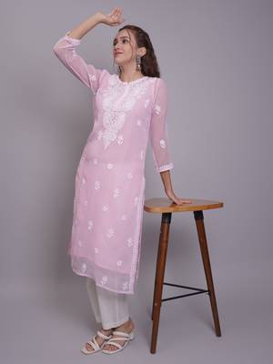 Pink georgette lucknowi chikankari kurta with slip 5