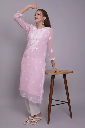 Pink georgette lucknowi chikankari kurta with slip