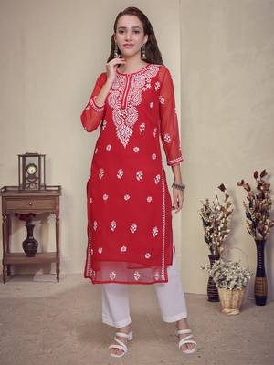 Red georgette lucknowi chikankari kurta with slip 1