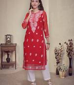 Red georgette lucknowi chikankari kurta with slip