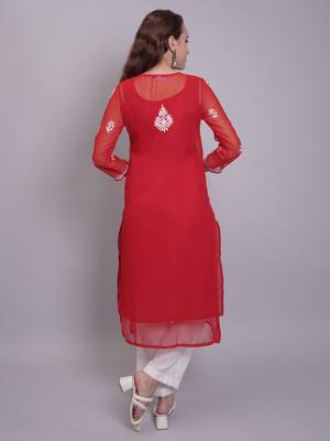 Red georgette lucknowi chikankari kurta with slip 2