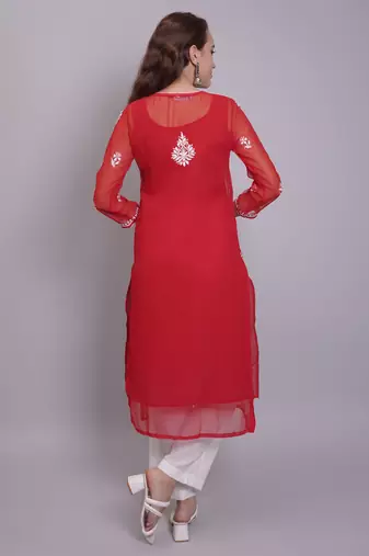 Red georgette lucknowi chikankari kurta with slip