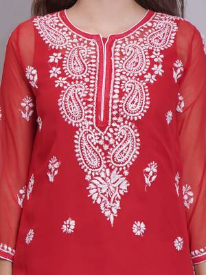 Red georgette lucknowi chikankari kurta with slip 3