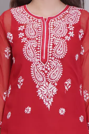 Red georgette lucknowi chikankari kurta with slip