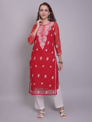 Red georgette lucknowi chikankari kurta with slip 4