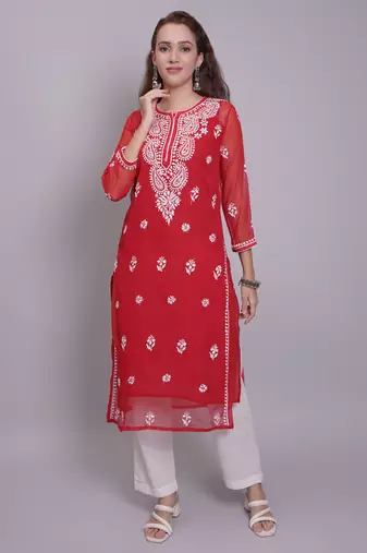 Red georgette lucknowi chikankari kurta with slip