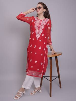 Red georgette lucknowi chikankari kurta with slip 5