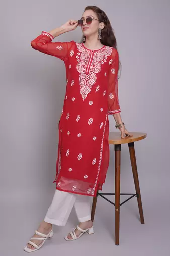 Red georgette lucknowi chikankari kurta with slip