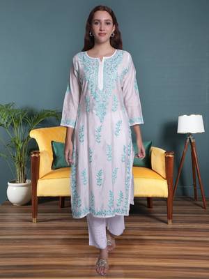 White chanderi lucknowi chikankari kurta 1