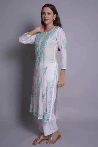 White chanderi lucknowi chikankari kurta