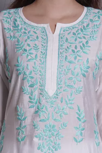 White chanderi lucknowi chikankari kurta