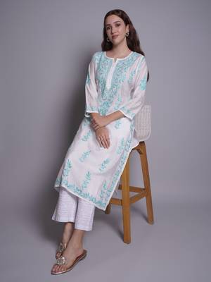 White chanderi lucknowi chikankari kurta 5