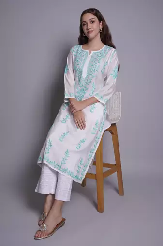White chanderi lucknowi chikankari kurta