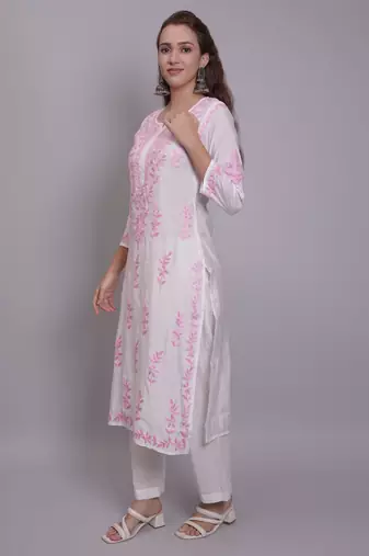White chanderi lucknowi chikankari kurta
