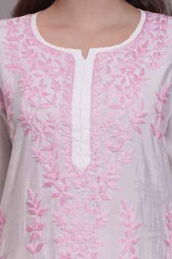 White chanderi lucknowi chikankari kurta