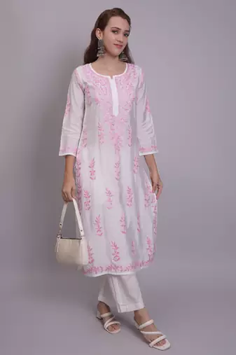 White chanderi lucknowi chikankari kurta