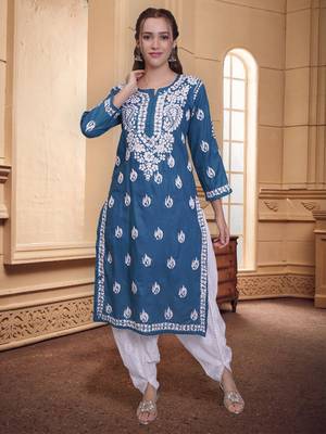 Dark turquoise cotton lucknowi chikankari kurta 1