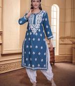Dark turquoise cotton lucknowi chikankari kurta
