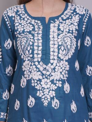 Dark turquoise cotton lucknowi chikankari kurta 2