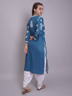 Dark turquoise cotton lucknowi chikankari kurta 3