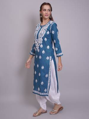 Dark turquoise cotton lucknowi chikankari kurta 4