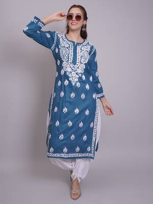 Dark turquoise cotton lucknowi chikankari kurta 5