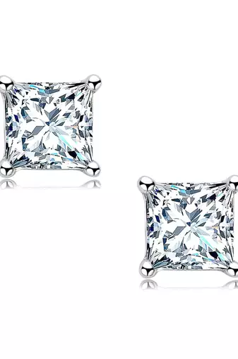 Cauer 925 sterling silver rhodium plated princess cut diamond stud earrings