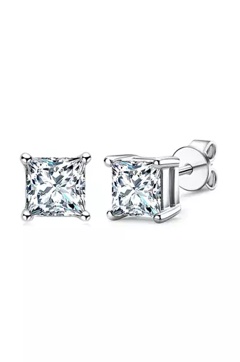 Cauer 925 sterling silver rhodium plated princess cut diamond stud earrings