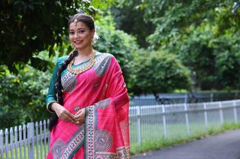 Pink soft tussar silk blend printed saree festive wear 2
