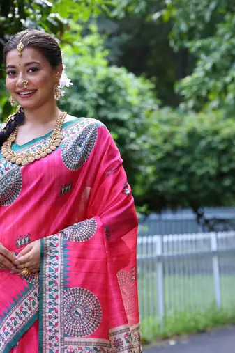 Pink soft tussar silk blend printed saree festive wear