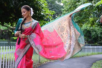 Pink soft tussar silk blend printed saree festive wear 4
