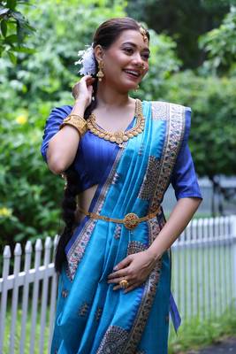 Sky soft tussar silk blend printed saree festive wear 2