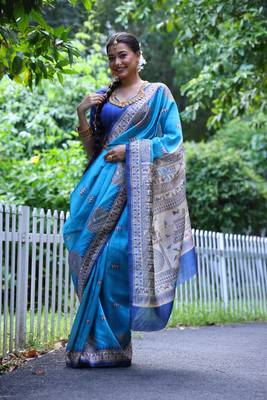 Sky soft tussar silk blend printed saree festive wear 4