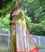 Yellow soft tussar silk printed saree festive wear